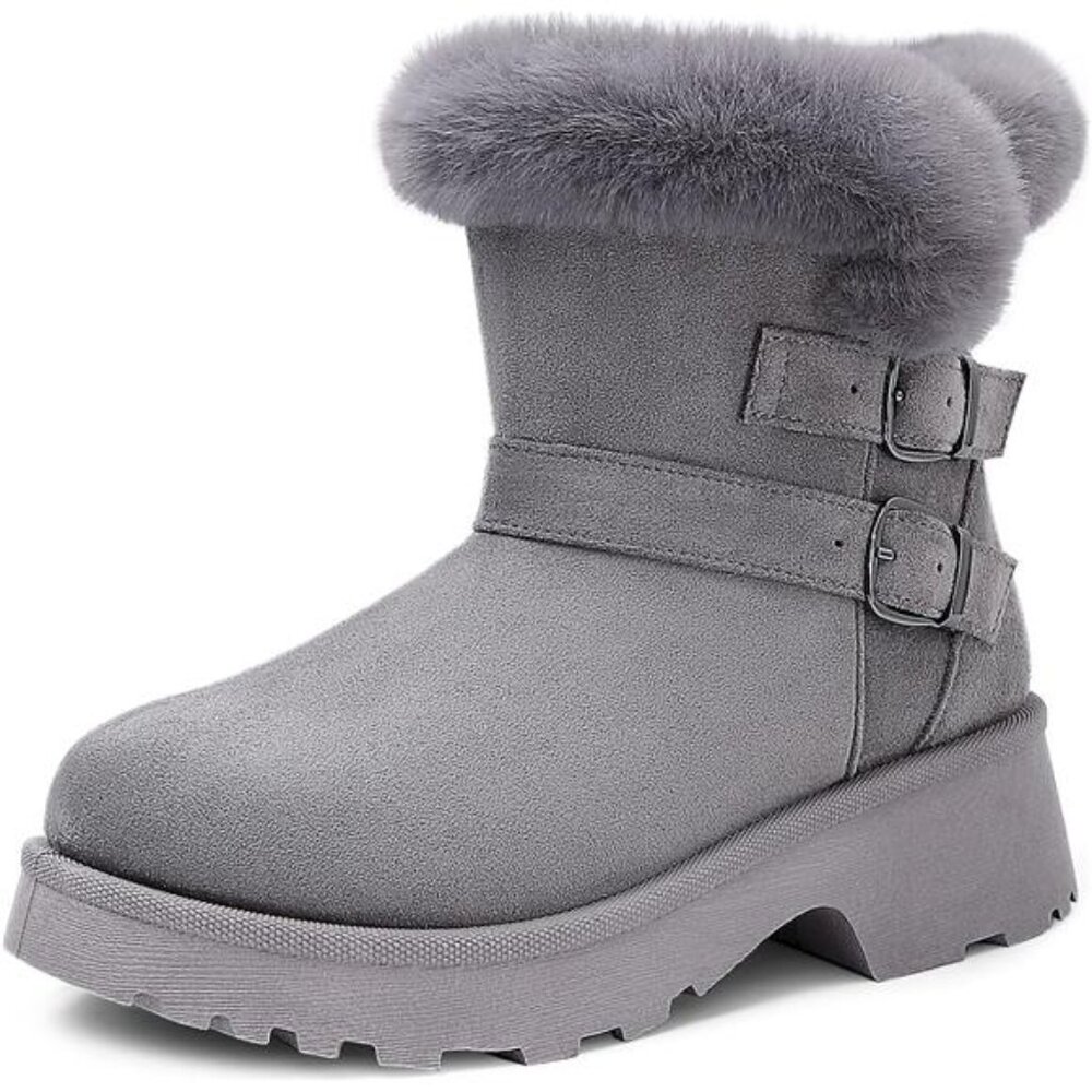 Women’s Furry Snow Boots Anti-Slip Platform Chunky Ankle Booties with Buckle